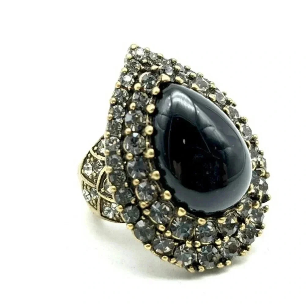 Vintage Heidi Daus Faux Onyx & Crystal Multi-Stone Crystal Ring - Size 10.5